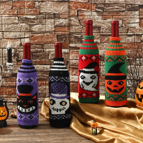 Halloween Knitted Wine Bottle Cover Pumpkin Ghost Skull Black Cat Wine Bottle Dress Holiday Party Decor