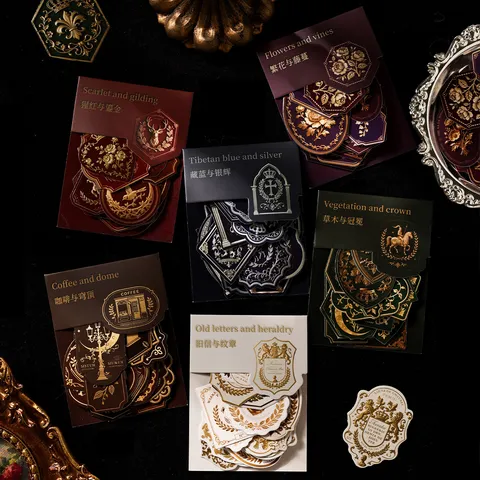 Vintage European Gold Foiled Heraldic Badge Scrapbook Stickers Gothic Dark Embossed Floral Decorative Material Decal Paper For Journal DIY Journaling Crafts