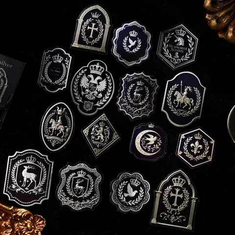 Vintage European Gold Foiled Heraldic Badge Scrapbook Stickers Gothic Dark Embossed Floral Decorative Material Decal Paper For Journal DIY Journaling Crafts