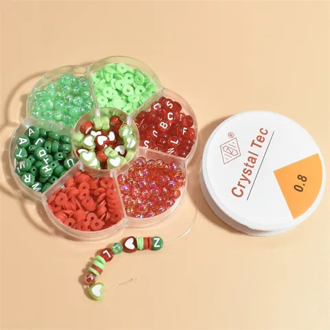 DIY Christmas Polymer Clay Beads Kit 7 Grid Plum Flower Box With Letter Heart Beads Mixed Color Elastic Thread For Jewelry Making