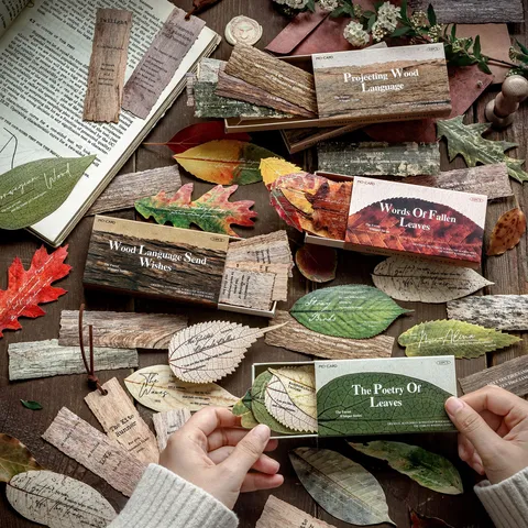 Série Murmures de la Forêt Marque-pages en Copeaux de Bois Boîte d'Allumettes Vintage en Forme de Feuille pour Décoration de Journal Scrapbooking Matériel de Papeterie