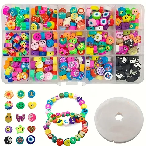 10mm Gemischte Polymer-Ton Perlen Set Für DIY Armband Schmuckherstellung 15 Gitter Boxed Blume Frucht Böser Blick Brief Lose Perlen Kit