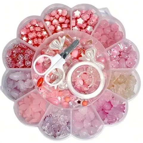 Kit de Fabrication de Bijoux DIY Perles en Acrylique Rose Cœur Étoile Fleur Boîte Multi-Grilles Avec Ciseaux Corde Élastique Pour Bracelet Fabrication Enfants Femmes Accessoire d'Artisanat