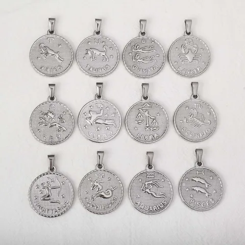 Vintage Edelstahl Zwölf Sternzeichen Anhänger Ohne Kette Retro Rundes Medaillon Relief Galvanisiert 18K Gold Münze Halskette Charm Schmuck Geschenk Unisex