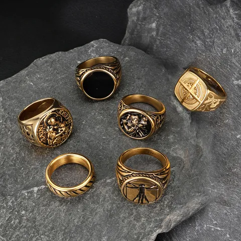 Men Retro Stainless Steel Ring Embossed Compass Vitruvian Man Saint Joseph Signet Ring Gold Silver Plated Personalized Jewelry For Men Gift