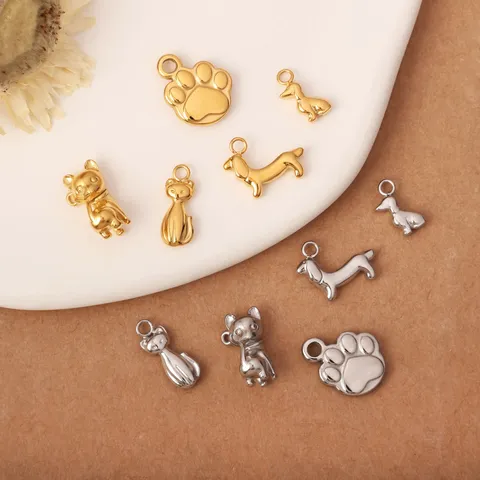 3D Mini Cute Animal Pendant Stainless Steel 18K Gold Plated Dog Cat Paw DIY Jewelry Accessory for Necklace Bracelet Women