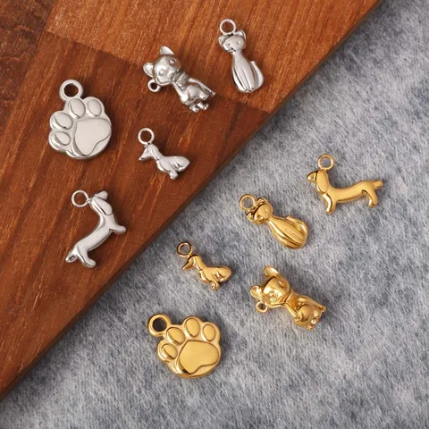 3D Mini Cute Animal Pendant Stainless Steel 18K Gold Plated Dog Cat Paw DIY Jewelry Accessory for Necklace Bracelet Women
