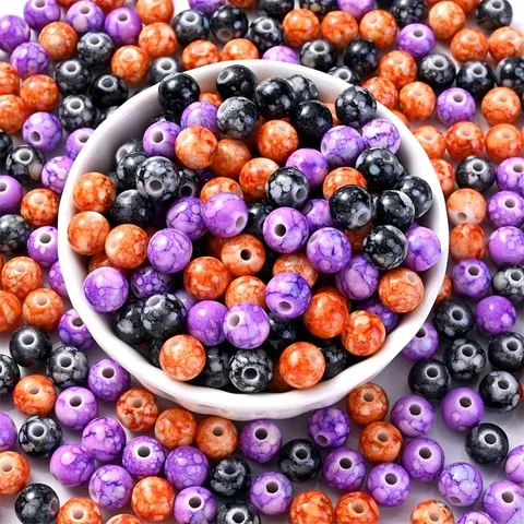 Cuentas de Craquelado de Acrílico para Halloween Joyería DIY Púrpura Naranja Negro Cuentas Redondas Paquete a Granel