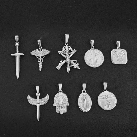 Vintage Stainless Steel Religious Pendant Cross Angel Wings Sword Rose St Benedict Medal Hamsa Hand Caduceus Vitruvian Man Pendant Only Without Chain For DIY Jewelry Making