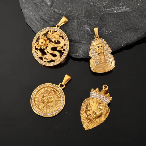 Hip Hop Stainless Steel Pendant Necklace Men Iced Out Rhinestone Lion Dragon Pharaoh Head 18K Gold Plated Jewelry Gift