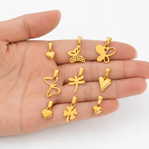 Edelstahl 18K Vergoldet Herz Schmetterling Kleeblatt Libelle Anhänger Charms Für DIY Halskette Armband Schmuckherstellung Zubehör