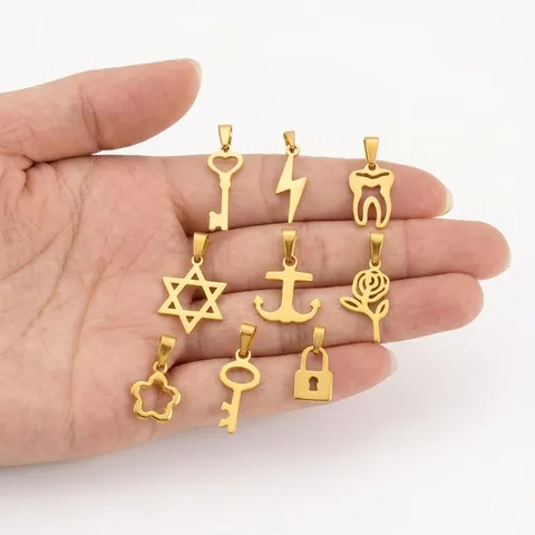 Stainless Steel Gold Silver Pendant Minimalist Hollow Heart Key Lightning Anchor Charm For Jewelry Making Necklace Bracelet Accessory DIY Crafts