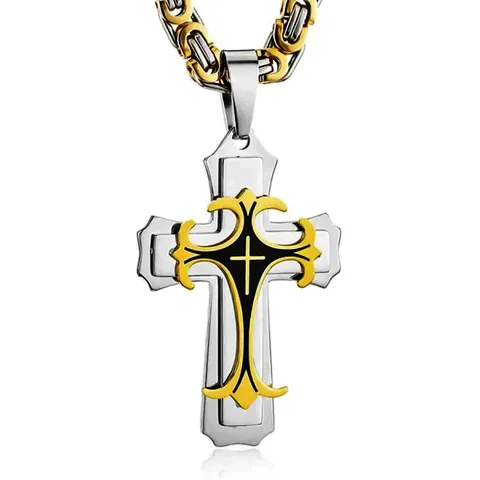 Men's Stainless Steel Triple Layer Cross Pendant Necklace Hip Hop Byzantine Wheat Chain Gold Silver Religious Biker Jewelry