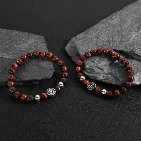 Natural Stone Tiger Eye Lava Agate Beaded Bracelet For Men Women Stainless Steel Anchor Wolf Head Charm Elastic Bracelet Jewelry
