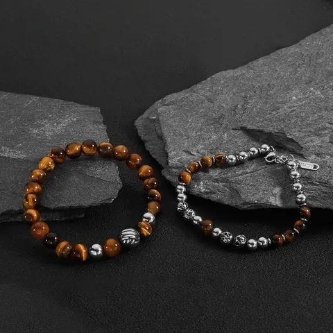 Natural Stone Tiger Eye Lava Agate Beaded Bracelet For Men Women Stainless Steel Anchor Wolf Head Charm Elastic Bracelet Jewelry