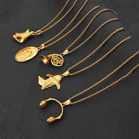 Pendentif en Acier Inoxydable Strass Style Punk Vintage Animal Instrument Portrait Collier Plaqué Or 18K Bijoux Pour Femmes Hommes