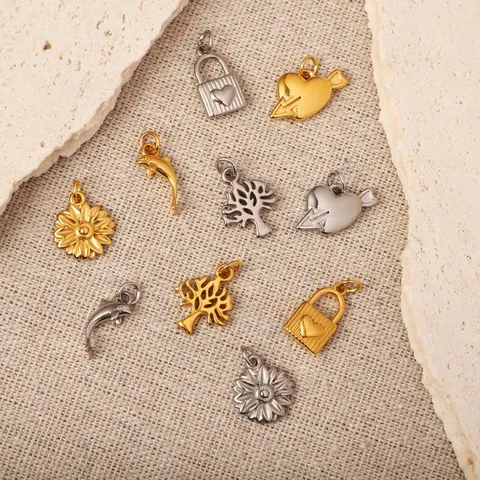 Mode Edelstahl 18K Gold Beschichtet Anhänger Lebensbaum Sonnenblume Delfin Herz Schloss DIY Schmuckherstellung Charms Zubehör