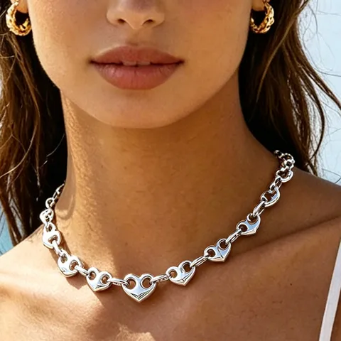 Stainless Steel Hollow Heart Chain Necklace For Women Geometric Heart Choker Link Bracelet Jewelry Fashion Polished Accessories