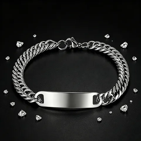 Men's Stainless Steel Cuban Link Bracelet With Blank Curved ID Plate For DIY Engraving Polished Hip Hop Style Jewelry Gift