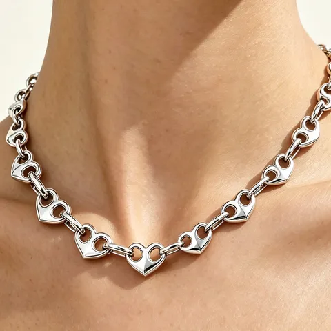 Stainless Steel Hollow Heart Chain Necklace For Women Geometric Heart Choker Link Bracelet Jewelry Fashion Polished Accessories
