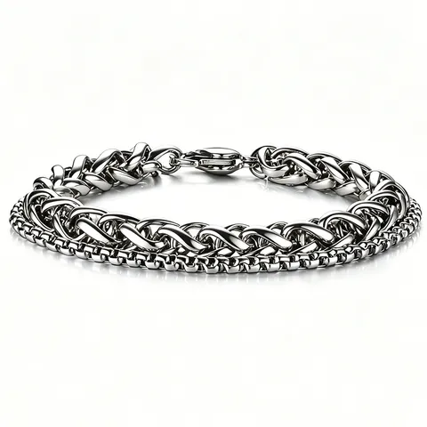 Stainless Steel Double Layer Cuban Chain Bracelet Men Women Hip Hop Punk Polished Braided Herringbone Adjustable Wristband