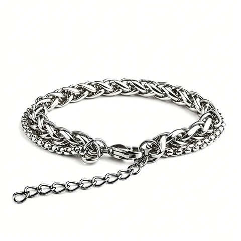 Stainless Steel Double Layer Cuban Chain Bracelet Men Women Hip Hop Punk Polished Braided Herringbone Adjustable Wristband