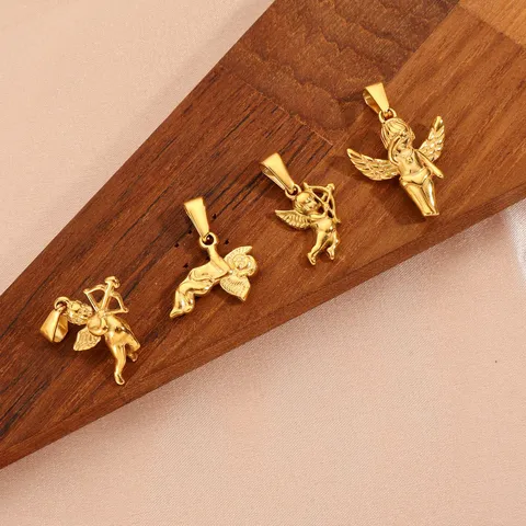 Stainless Steel Cupid Angel Pendant With 18K Gold Plated Wings Jewelry Charms For Necklace Making Retro Mythology Accessory