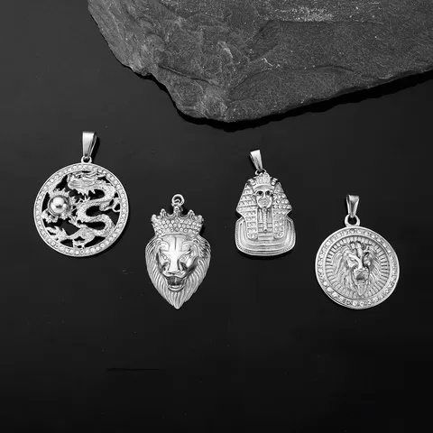 Hip Hop Stainless Steel Pendant Necklace Men Iced Out Rhinestone Lion Dragon Pharaoh Head 18K Gold Plated Jewelry Gift