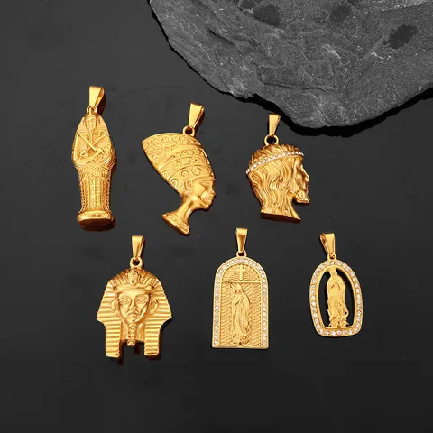 Hiphop Stainless Steel Pendant Hiphop Religious Egyptian Pharaoh Nefertiti Virgin Mary Jesus Retro Rhinestone Necklace For Men Women