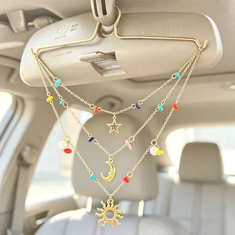 Multilayer Sun Moon Star Car Hanging Decoration Gold Plated Iron Chain Artificial Pearl Car Rearview Mirror Ornament