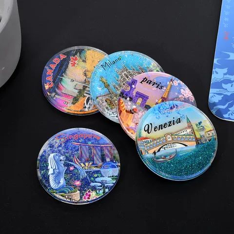 Imán de Nevera Moderno de Resina Sintética Atracciones Turísticas Arena Movediza Redondo Estampado Purpurina Líquida Imán Souvenir Decoración Hogar