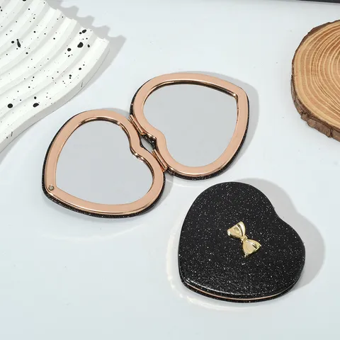 Portable Heart Shaped Foldable Makeup Mirror Glitter Mini Pocket Mirror Double Sided Vanity Mirror For Women Travel Gift