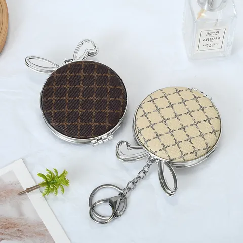 Portable Rabbit PU Leather Makeup Mirror Keychain Foldable Double Sided Vanity Mirror With Metal Ear Decoration For Women Handbag Charm Gift