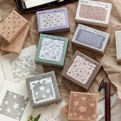 Vintage Beech Wood Rubber Stamp Silent Poem Series Aesthetic Floral Star Pattern For DIY Scrapbooking Journal Craft Decoration Stamp