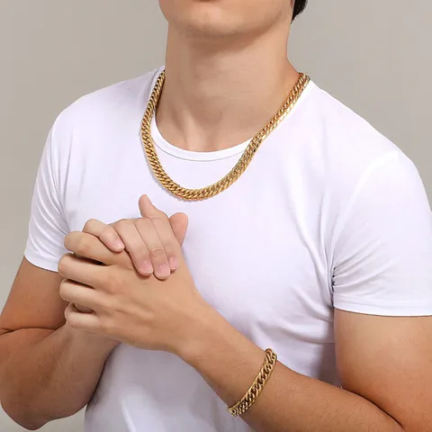 Retro Hip Hop Stainless Steel Cuban Link Necklace For Men 18K Gold Plated Polished Double Weave Chain Jewelry Accessory