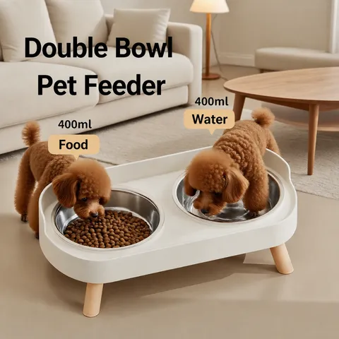 Doppia Ciotola per Animali in Acciaio Inossidabile Ciotola per Acqua e Cibo per Gatti e Cani Stazione di Alimentazione Rialzata Antiscivolo Con Supporto Effetto Legno