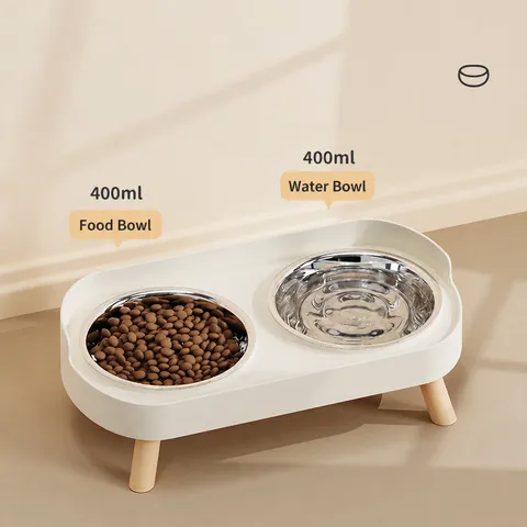 Doppia Ciotola per Animali in Acciaio Inossidabile Ciotola per Acqua e Cibo per Gatti e Cani Stazione di Alimentazione Rialzata Antiscivolo Con Supporto Effetto Legno