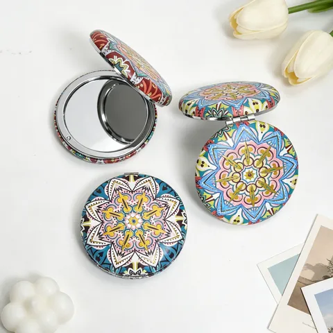 Vintage Ethnic Mandala Floral Printed Round Folding Pocket Makeup Mirror Portable Double Sided Compact Travel Vanity Mirror