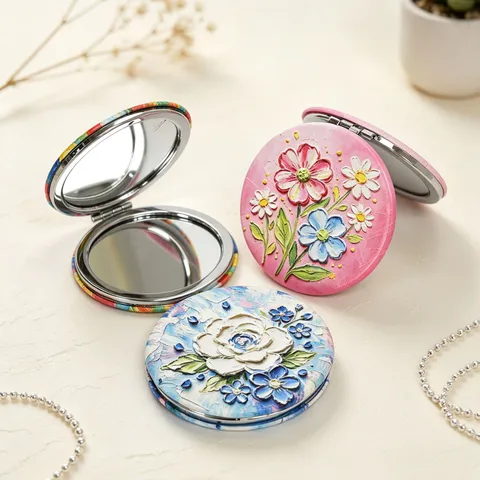 Vintage Floral Folding Makeup Mirror Portable Round Pocket Mirror With 3D Relief Oil Painting Pattern Double Sided Compact Mirror For Women Travel Vanity Mirror