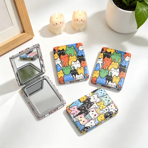 Portable Folding Makeup Mirror Cute Cartoon Cat Pattern Double-Sided HD Pocket Mirror ABS PU Leather Compact Mirror For Women