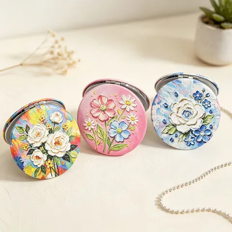 Vintage Floral Folding Makeup Mirror Portable Round Pocket Mirror With 3D Relief Oil Painting Pattern Double Sided Compact Mirror For Women Travel Vanity Mirror