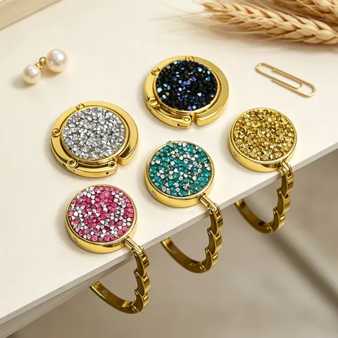 Portable Folding Purse Hook Zinc Alloy Rhinestone Bag Hanger Table Side Bag Hook Round Minimalist Metal Handbag Holder Women