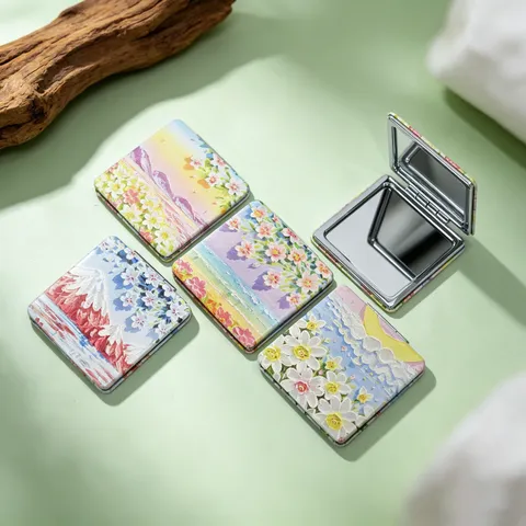 Mini Portable Foldable Makeup Mirror Oil Painting Art Style Square Double Sided Handheld Pocket Cosmetic Mirror ABS Silver Mirror For Travel Women