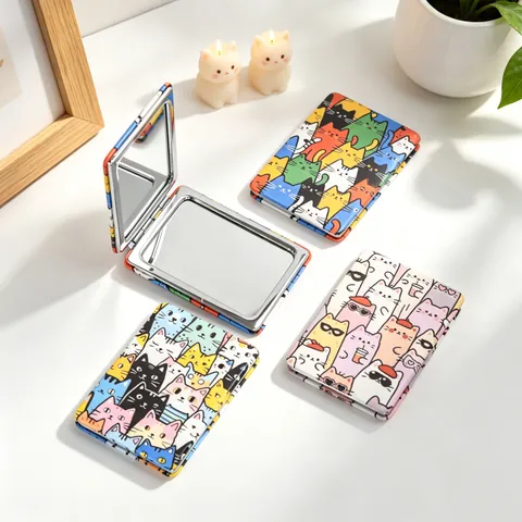 Portable Folding Makeup Mirror Cute Cartoon Cat Pattern Double-Sided HD Pocket Mirror ABS PU Leather Compact Mirror For Women