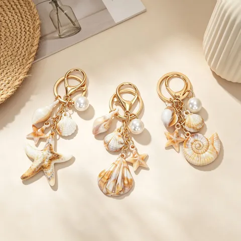 Creative Personalized Ocean Seashell Starfish Keychain With Artificial Pearl Gold Zinc Alloy Beach Style Bag Charm Key Ring For Women Gift