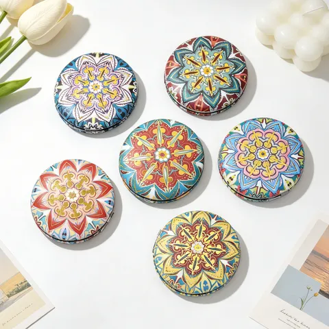 Vintage Ethnic Mandala Floral Printed Round Folding Pocket Makeup Mirror Portable Double Sided Compact Travel Vanity Mirror