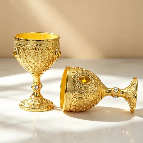Copa de Metal Dorado Estilo Europeo Vintage Ornamento Decorativo Incrustado de Diamantes de Imitación Amarillos Relieve Barroco Hogar