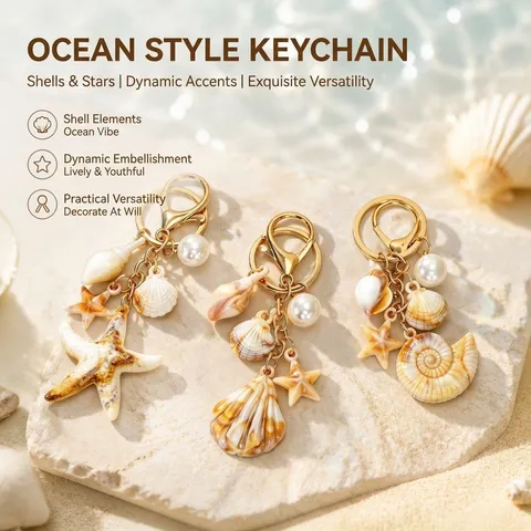 Creative Personalized Ocean Seashell Starfish Keychain With Artificial Pearl Gold Zinc Alloy Beach Style Bag Charm Key Ring For Women Gift