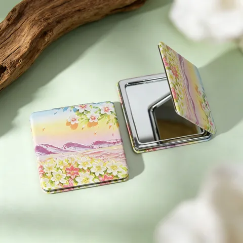 Mini Portable Foldable Makeup Mirror Oil Painting Art Style Square Double Sided Handheld Pocket Cosmetic Mirror ABS Silver Mirror For Travel Women