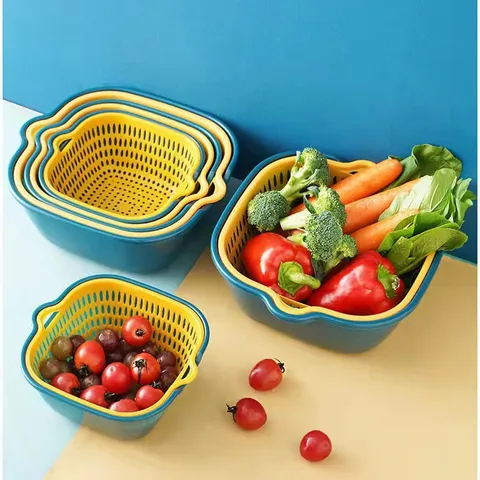 Double Layer Plastic Hollow Drainage Basket Color Contrast Fruit Vegetable Washing Basin Kitchen Storage Organizer